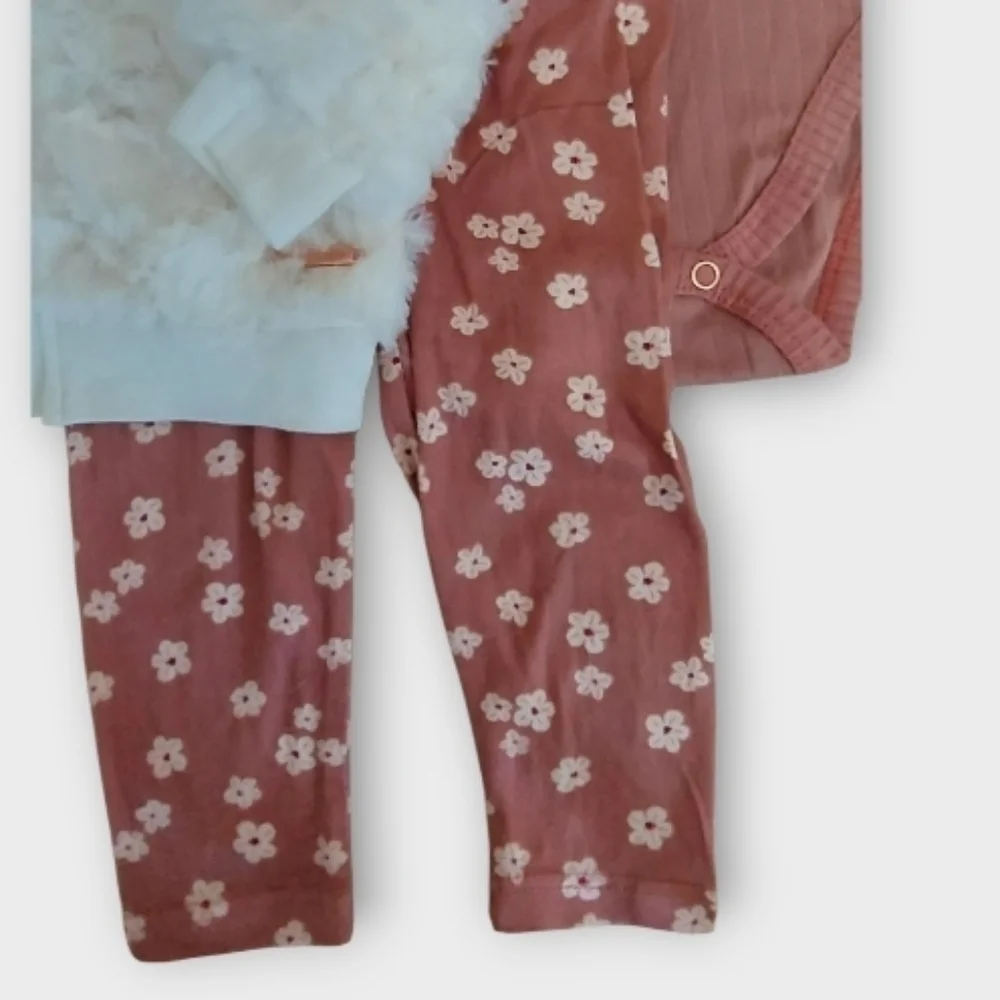 NWT Kensie Baby 3 Pc Pink Bell Sleeve Outfit w/Ivory Faux Fur Bear Jacket ~6/9M